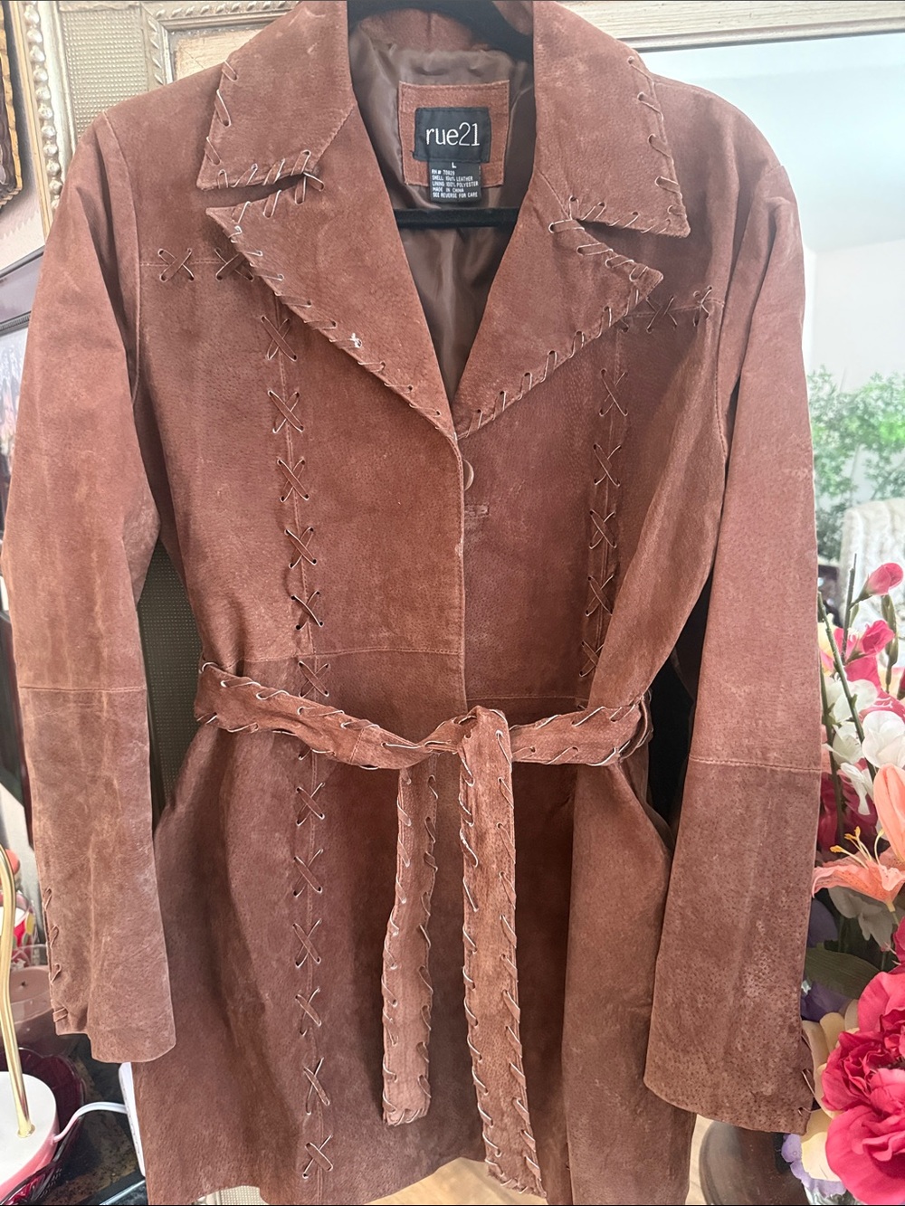 rue21 Brown Suede Belted Trench with Whipstitch Detail